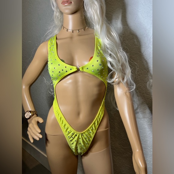 Neon Yellow Rhinestone One Piece - Picture 3 of 7
